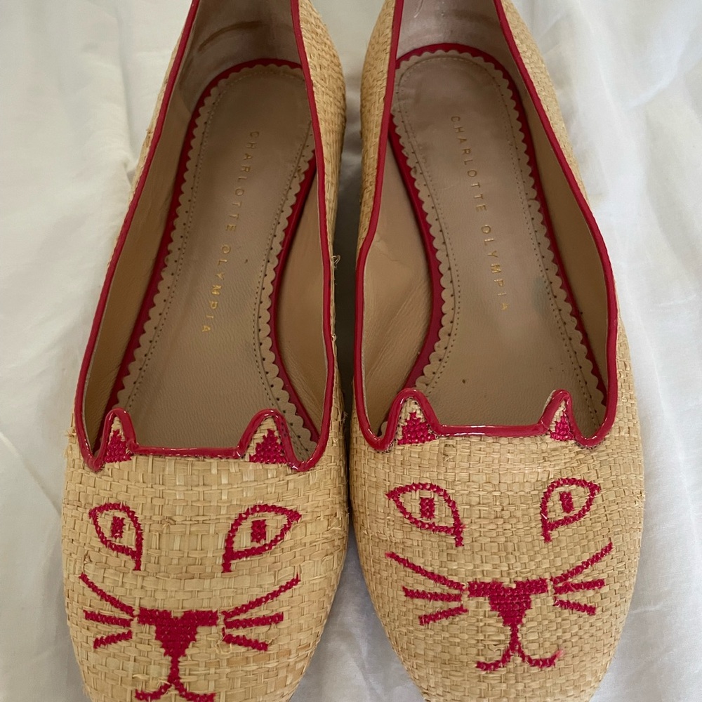 Charlotte Olympia tan raffia and Red Cat Flats